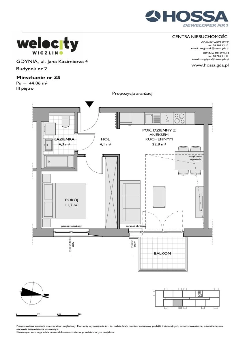2 pokoje, mieszkanie 44,06 m², piętro 3, oferta nr W/2/35, Welocity Wiczlino, Gdynia, Chwarzno-Wiczlino, ul. Jana Kazimierza