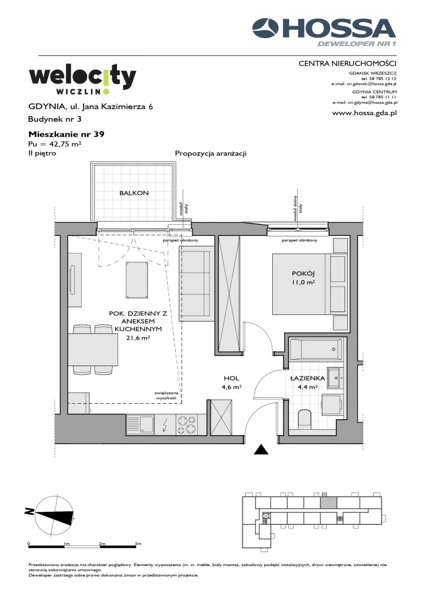 2 pokoje, mieszkanie 42,75 m², piętro 2, oferta nr W/3/39, Welocity Wiczlino, Gdynia, Chwarzno-Wiczlino, ul. Jana Kazimierza