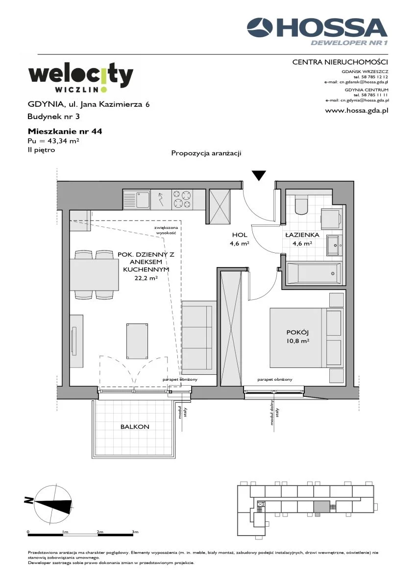 2 pokoje, mieszkanie 43,34 m², piętro 2, oferta nr W/3/44, Welocity Wiczlino, Gdynia, Chwarzno-Wiczlino, ul. Jana Kazimierza