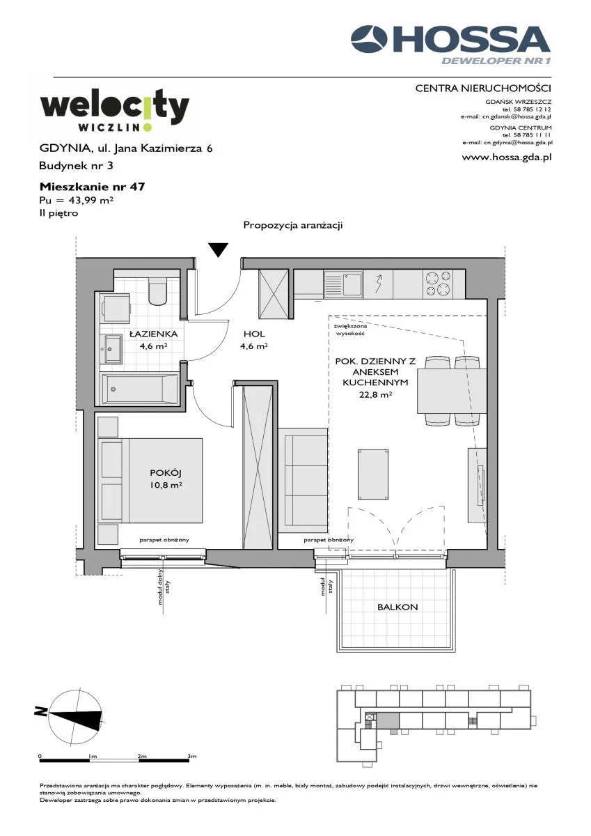 2 pokoje, mieszkanie 43,99 m², piętro 2, oferta nr W/3/47, Welocity Wiczlino, Gdynia, Chwarzno-Wiczlino, ul. Jana Kazimierza