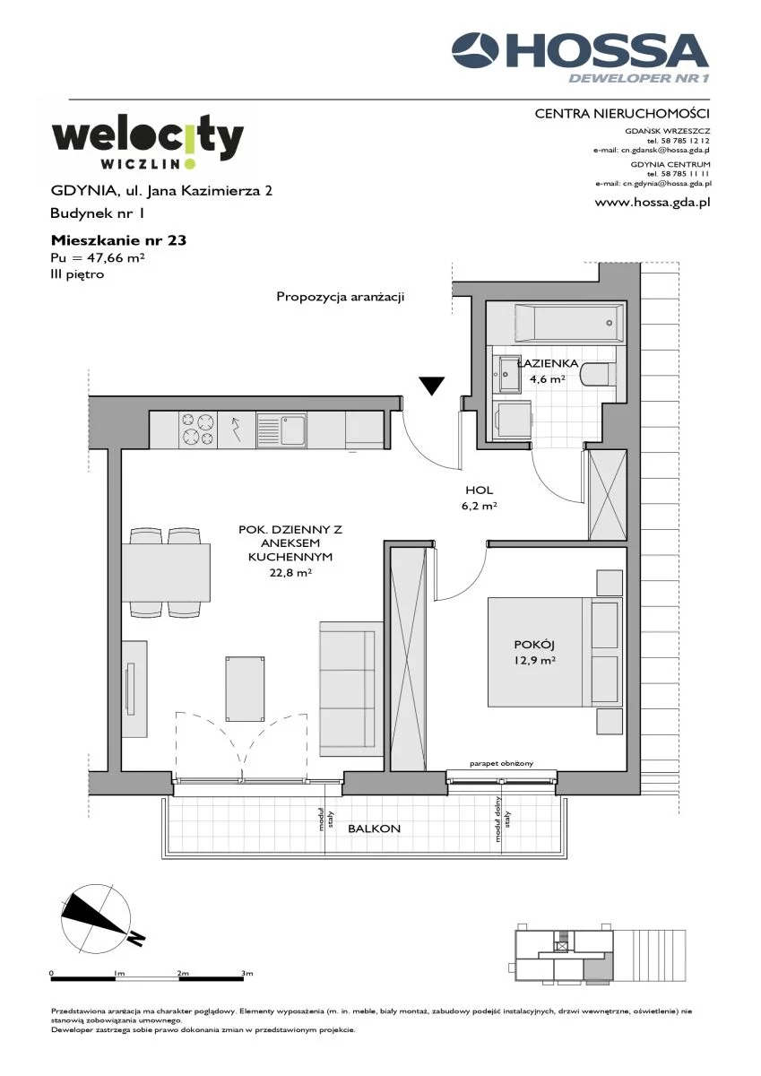 2 pokoje, mieszkanie 47,66 m², piętro 3, oferta nr W/1/23, Welocity Wiczlino, Gdynia, Chwarzno-Wiczlino, ul. Jana Kazimierza