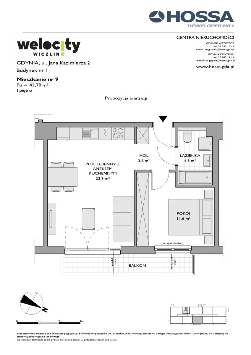 Mieszkanie 43,78 m², piętro 1, oferta nr W/1/9, Welocity Wiczlino, Gdynia, Chwarzno-Wiczlino, ul. Jana Kazimierza