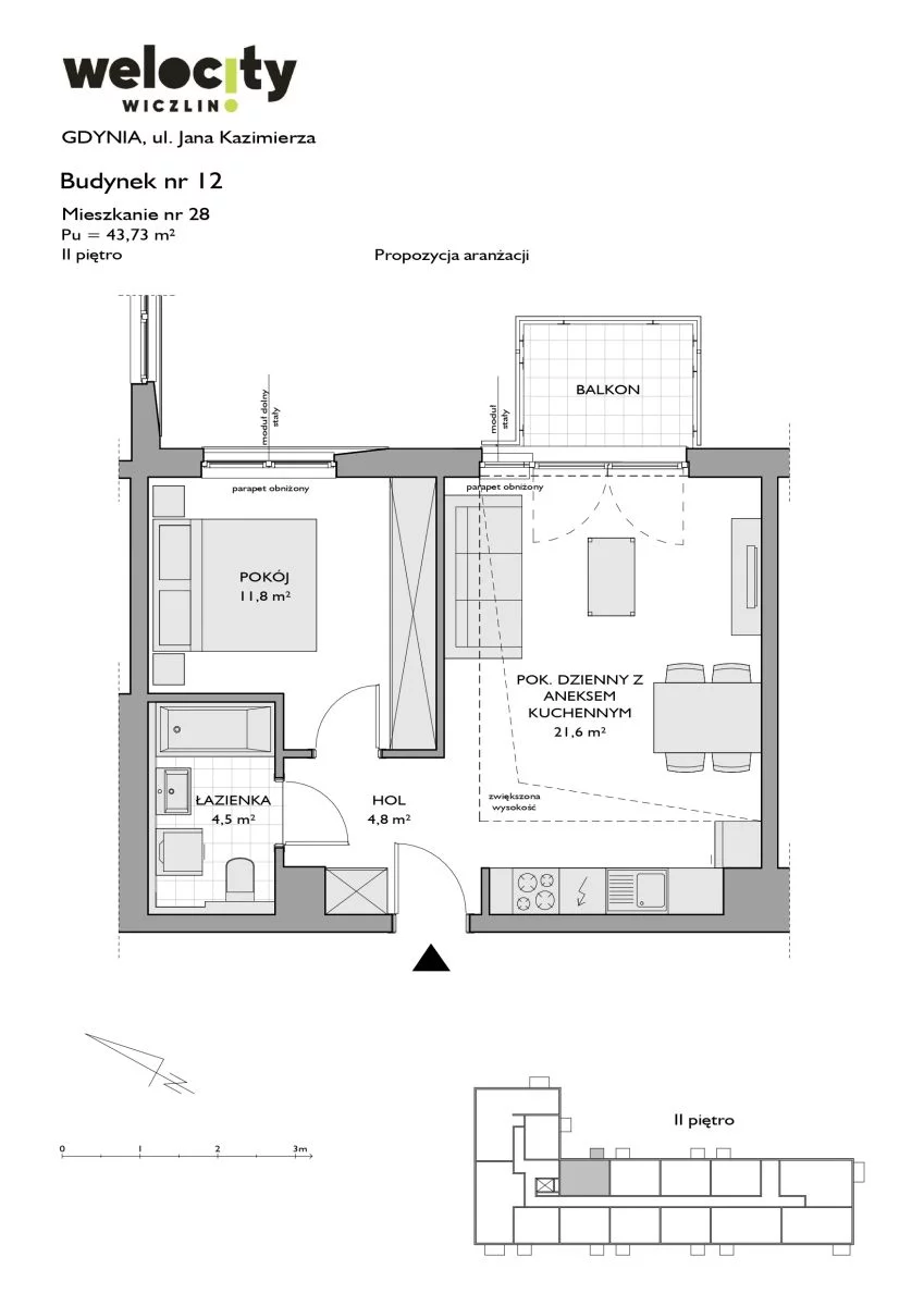 Mieszkanie 43,73 m², piętro 2, oferta nr W/12/28, Welocity Wiczlino, Gdynia, Chwarzno-Wiczlino, ul. Jana Kazimierza