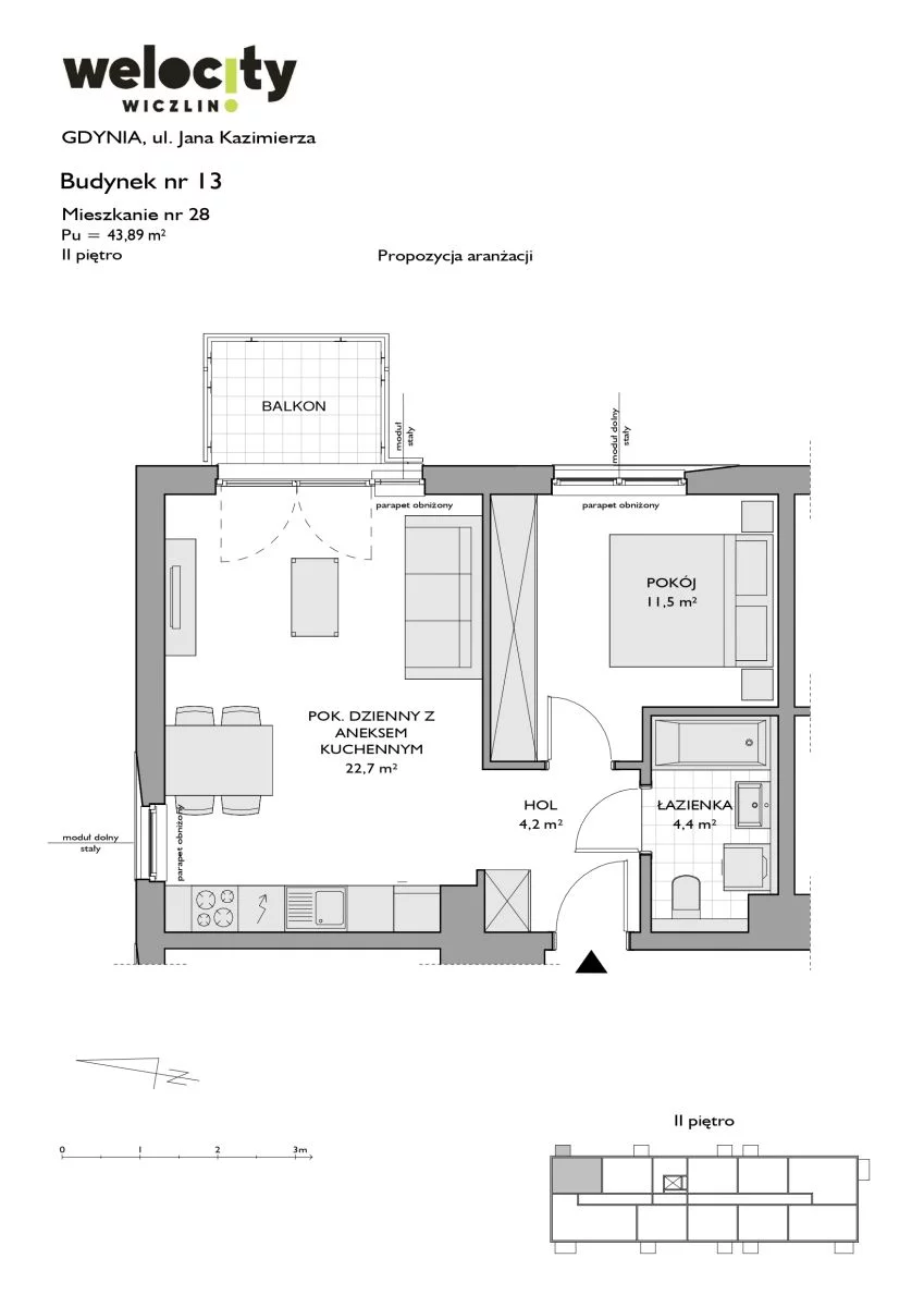 Mieszkanie 43,89 m², piętro 2, oferta nr W/13/28, Welocity Wiczlino, Gdynia, Chwarzno-Wiczlino, ul. Jana Kazimierza