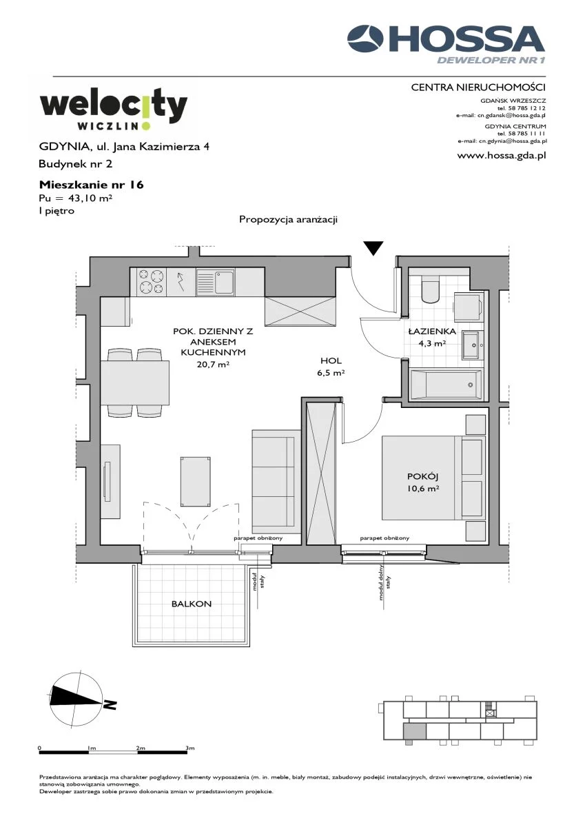 Mieszkanie 43,10 m², piętro 1, oferta nr W/2/16, Welocity Wiczlino, Gdynia, Chwarzno-Wiczlino, ul. Jana Kazimierza