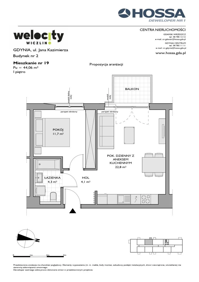 Mieszkanie 44,06 m², piętro 1, oferta nr W/2/19, Welocity Wiczlino, Gdynia, Chwarzno-Wiczlino, ul. Jana Kazimierza