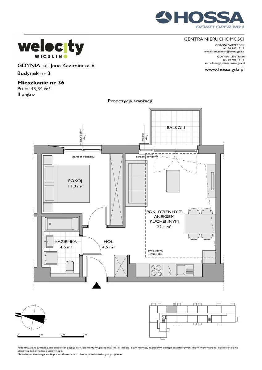 2 pokoje, mieszkanie 43,29 m², piętro 2, oferta nr W/3/36, Welocity Wiczlino, Gdynia, Chwarzno-Wiczlino, ul. Jana Kazimierza