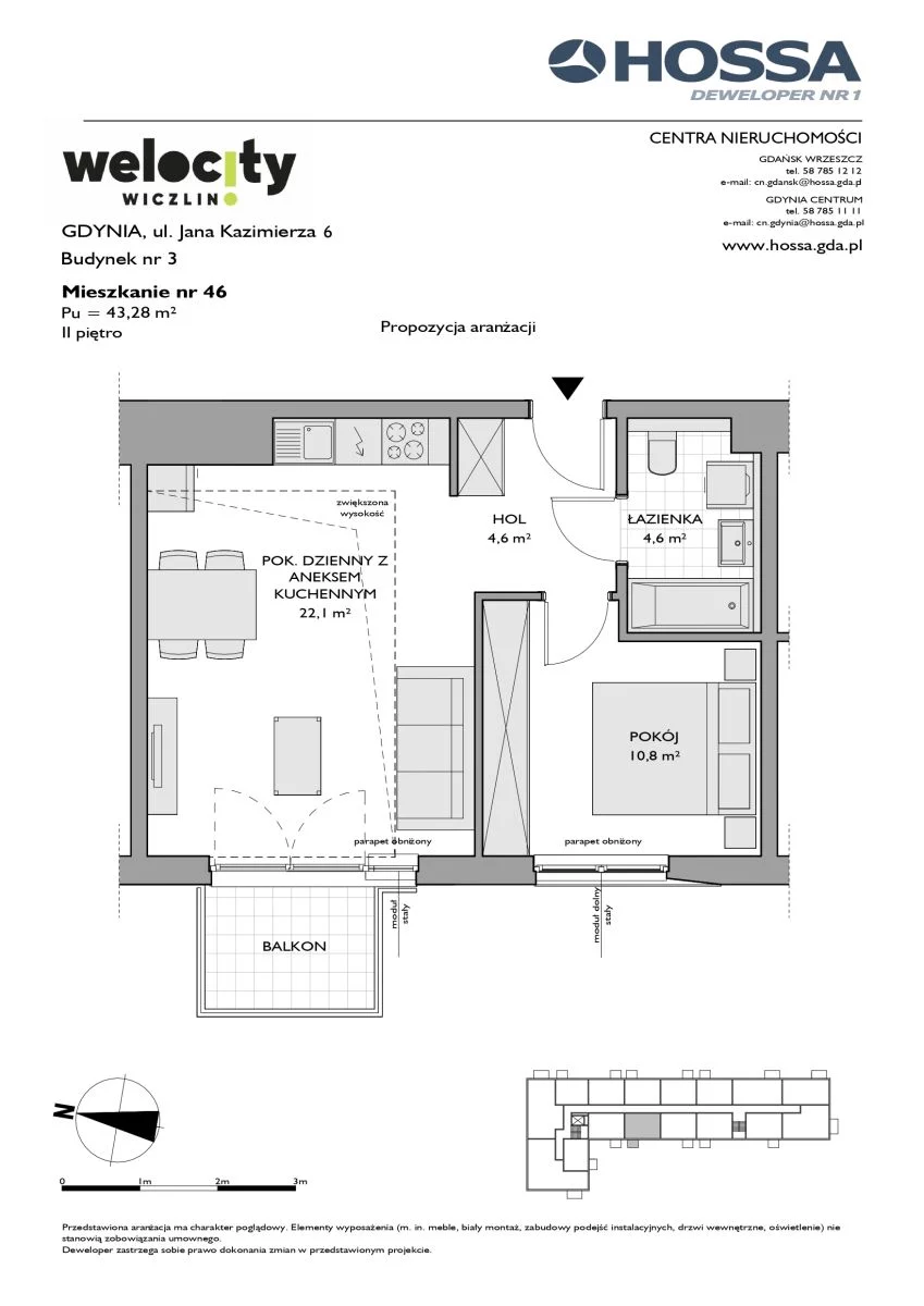 Mieszkanie 43,28 m², piętro 2, oferta nr W/3/46, Welocity Wiczlino, Gdynia, Chwarzno-Wiczlino, ul. Jana Kazimierza