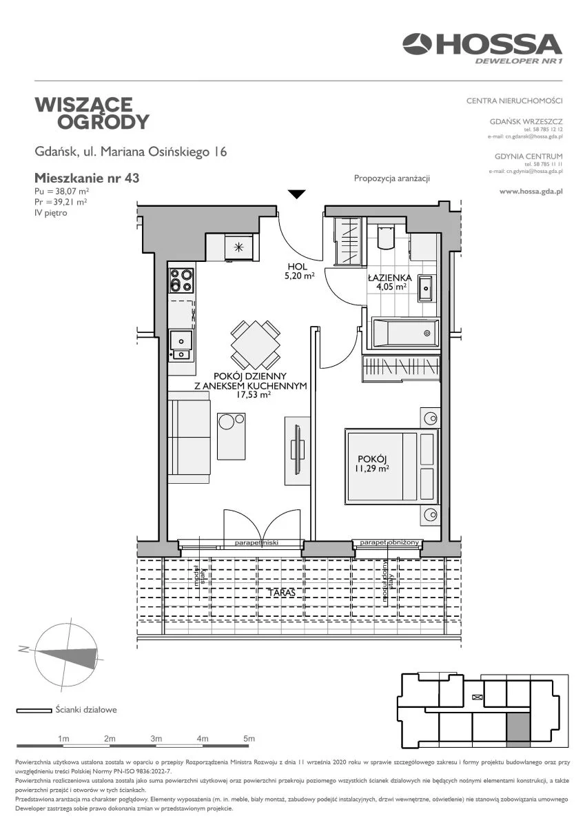 2 pokoje, mieszkanie 39,21 m², piętro 4, oferta nr WO/O16/43, Wiszące Ogrody, Gdańsk, Jasień, Kiełpinek, ul. Przytulna