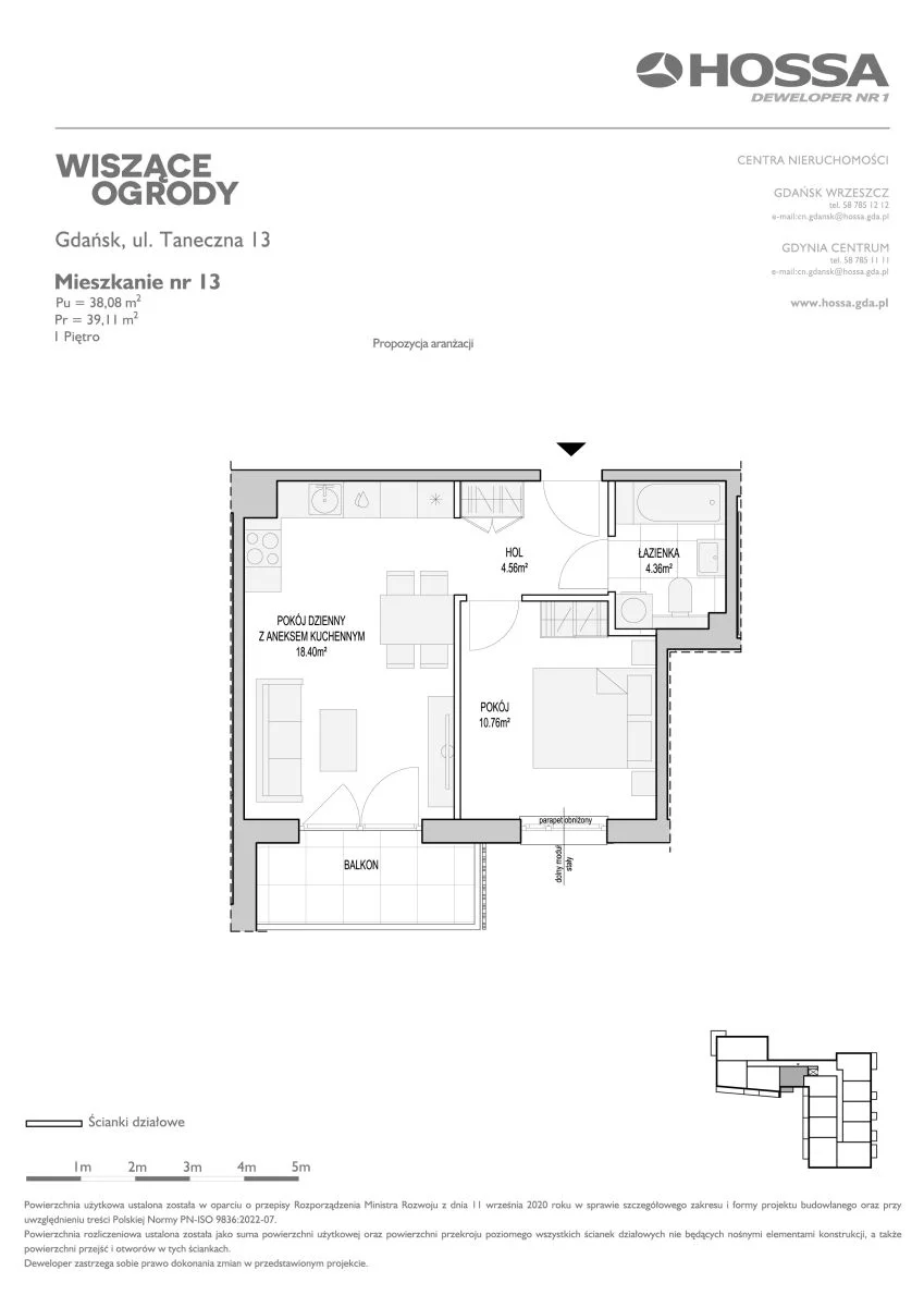 2 pokoje, mieszkanie 39,11 m², piętro 1, oferta nr WO/T/13/13, Wiszące Ogrody, Gdańsk, Jasień, Kiełpinek, ul. Przytulna