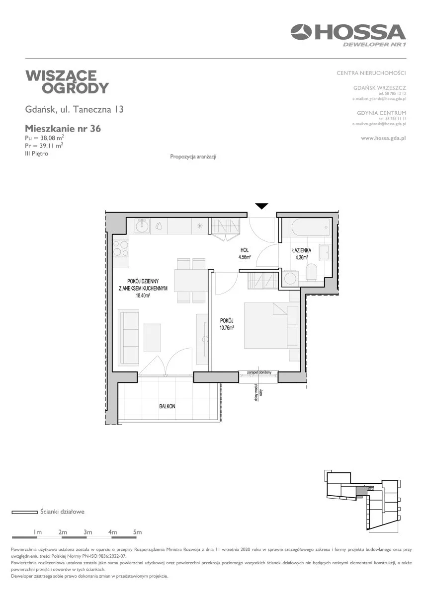 2 pokoje, mieszkanie 39,11 m², piętro 3, oferta nr WO/T/13/36, Wiszące Ogrody, Gdańsk, Jasień, Kiełpinek, ul. Przytulna