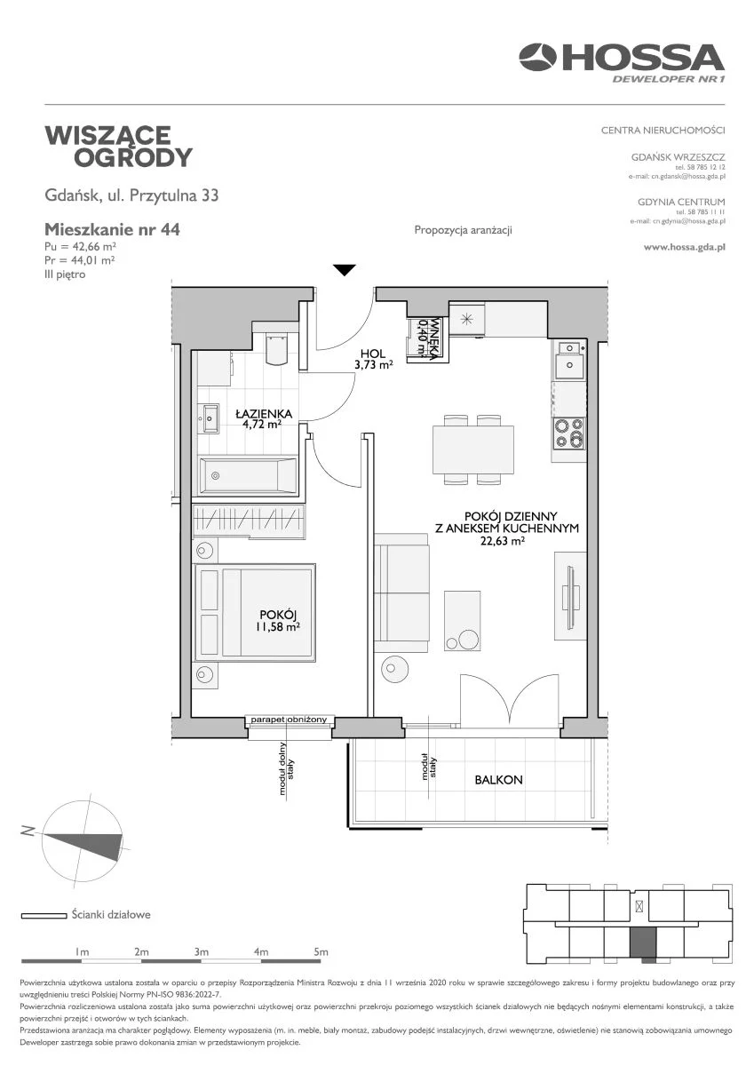 2 pokoje, mieszkanie 44,01 m², piętro 3, oferta nr WO/P33/44, Wiszące Ogrody, Gdańsk, Jasień, Kiełpinek, ul. Przytulna