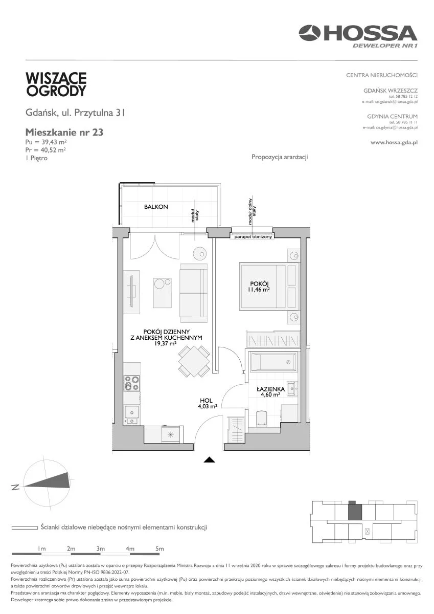 2 pokoje, mieszkanie 40,52 m², piętro 1, oferta nr WO/P31/23, Wiszące Ogrody, Gdańsk, Jasień, Kiełpinek, ul. Przytulna