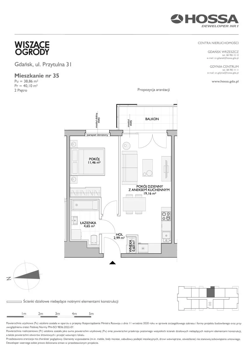 2 pokoje, mieszkanie 40,10 m², piętro 2, oferta nr WO/P31/35, Wiszące Ogrody, Gdańsk, Jasień, Kiełpinek, ul. Przytulna