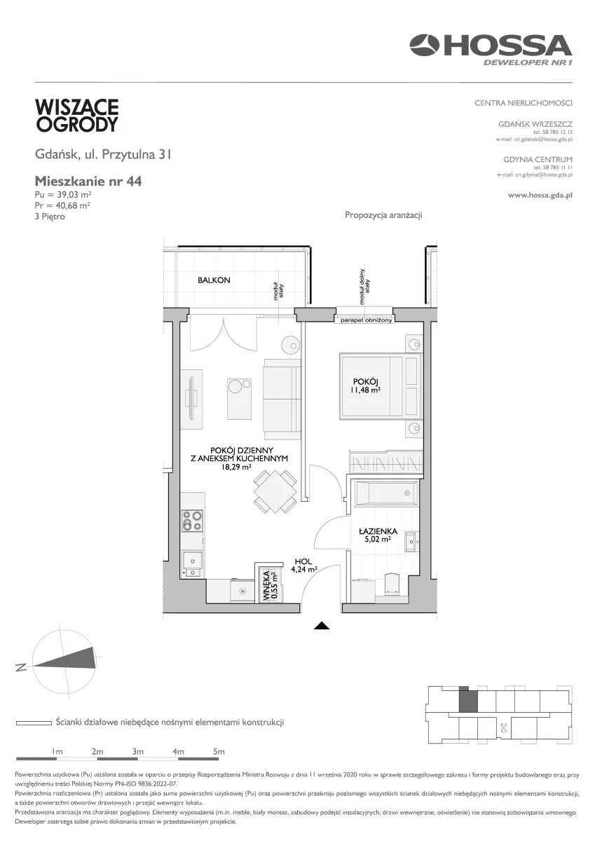 2 pokoje, mieszkanie 40,68 m², piętro 3, oferta nr WO/P31/44, Wiszące Ogrody, Gdańsk, Jasień, Kiełpinek, ul. Przytulna