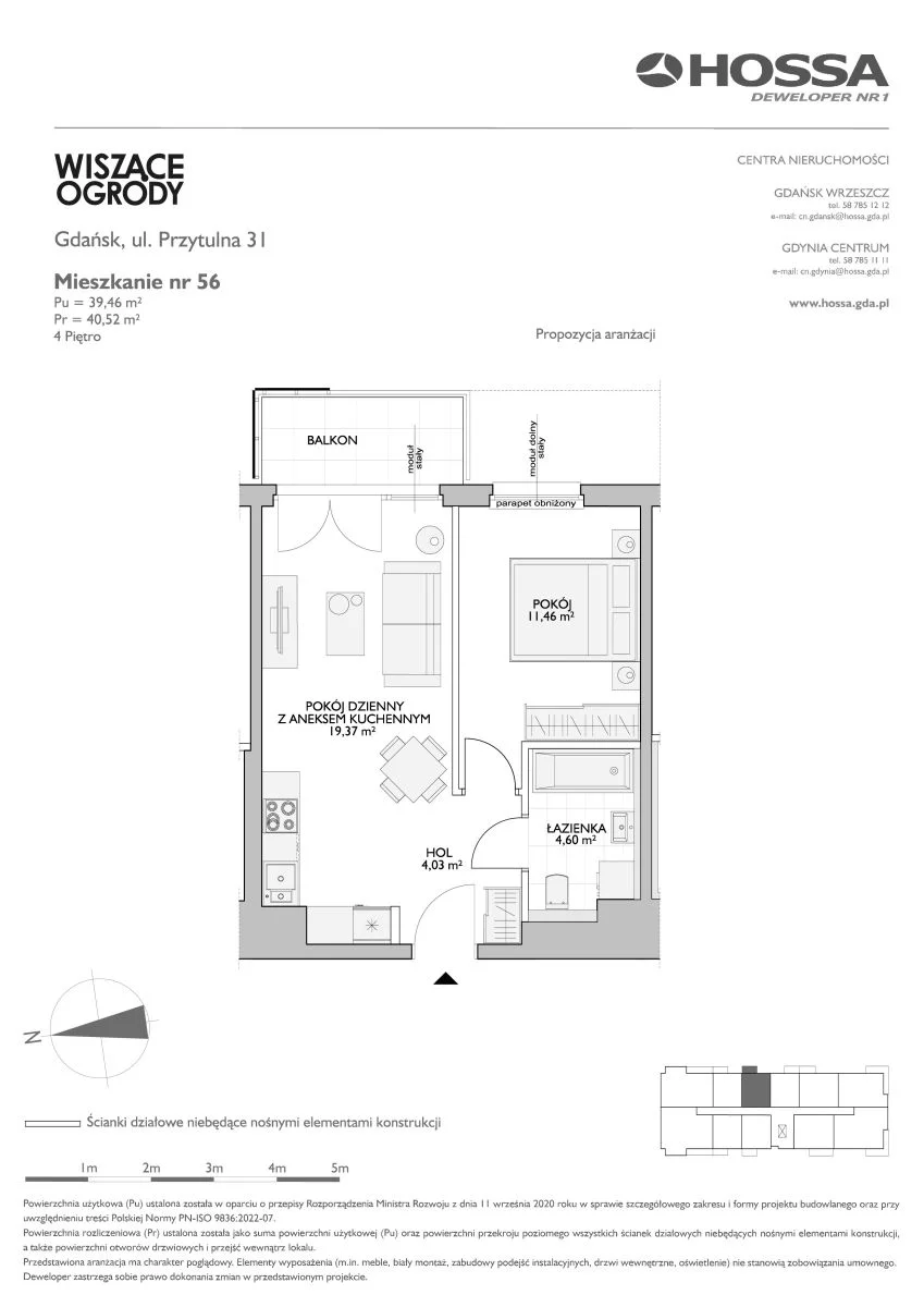 2 pokoje, mieszkanie 40,52 m², piętro 4, oferta nr WO/P31/56, Wiszące Ogrody, Gdańsk, Jasień, Kiełpinek, ul. Przytulna