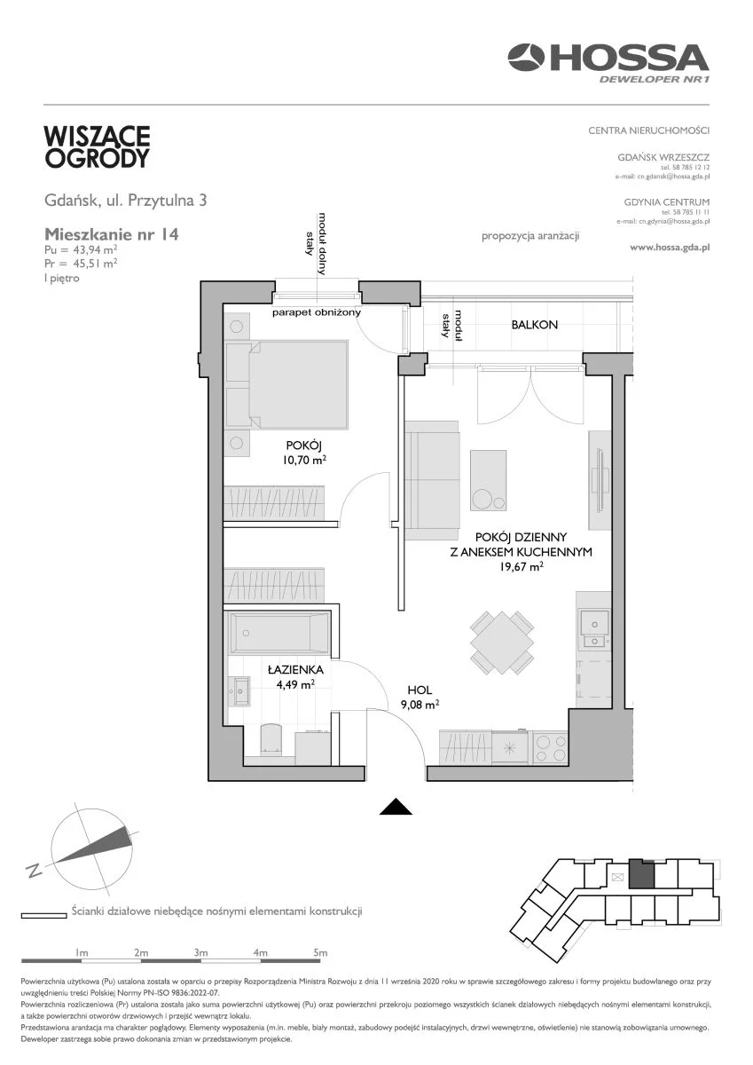 2 pokoje, mieszkanie 45,51 m², piętro 1, oferta nr WO/P3/14, Wiszące Ogrody, Gdańsk, Jasień, Kiełpinek, ul. Przytulna