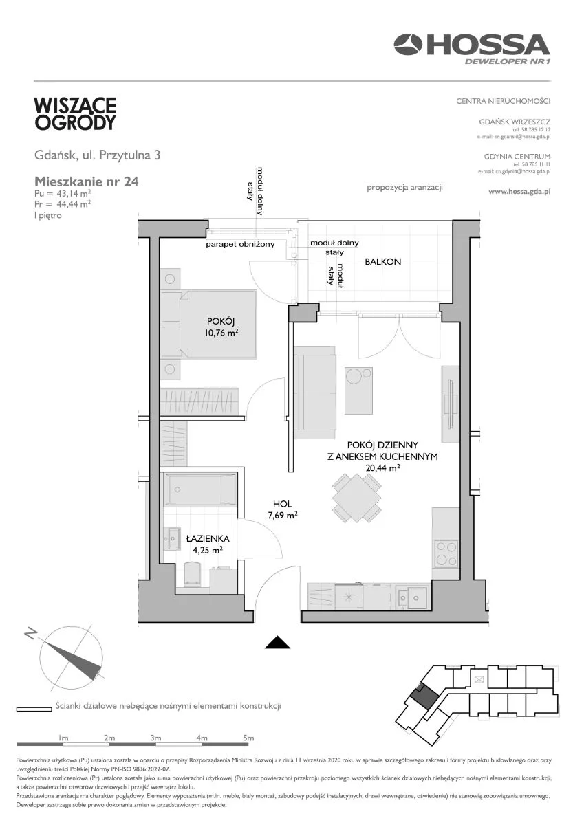 2 pokoje, mieszkanie 44,44 m², piętro 1, oferta nr WO/P3/24, Wiszące Ogrody, Gdańsk, Jasień, Kiełpinek, ul. Przytulna