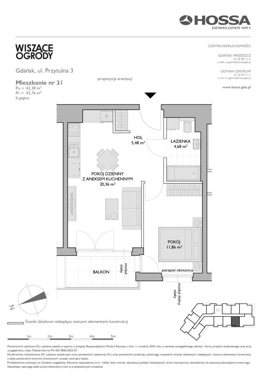 2 pokoje, mieszkanie 43,76 m², piętro 2, oferta nr WO/P3/31, Wiszące Ogrody, Gdańsk, Jasień, Kiełpinek, ul. Przytulna
