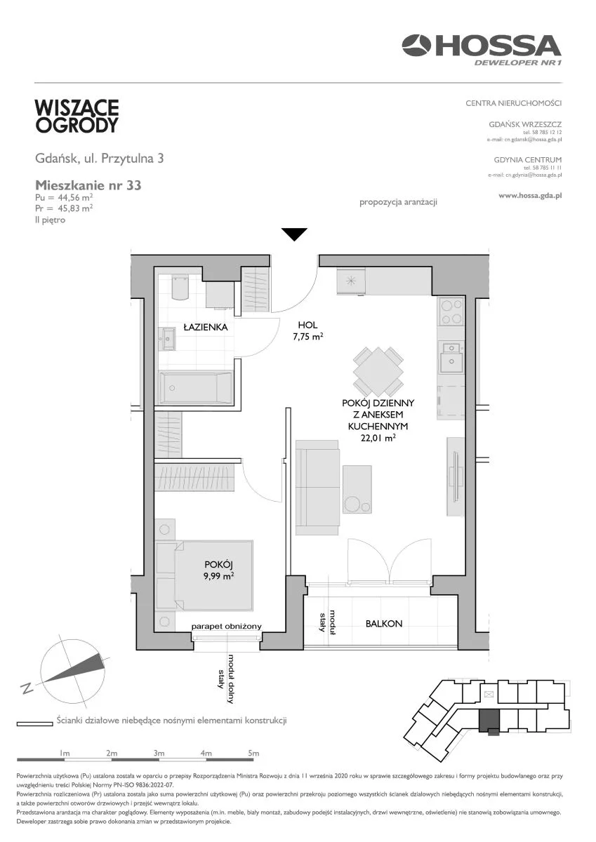 2 pokoje, mieszkanie 45,83 m², piętro 2, oferta nr WO/P3/33, Wiszące Ogrody, Gdańsk, Jasień, Kiełpinek, ul. Przytulna