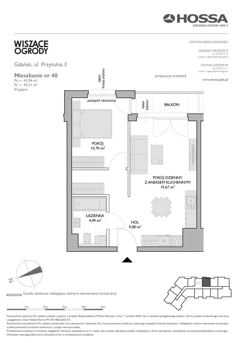 2 pokoje, mieszkanie 45,51 m², piętro 3, oferta nr WO/P3/40, Wiszące Ogrody, Gdańsk, Jasień, Kiełpinek, ul. Przytulna