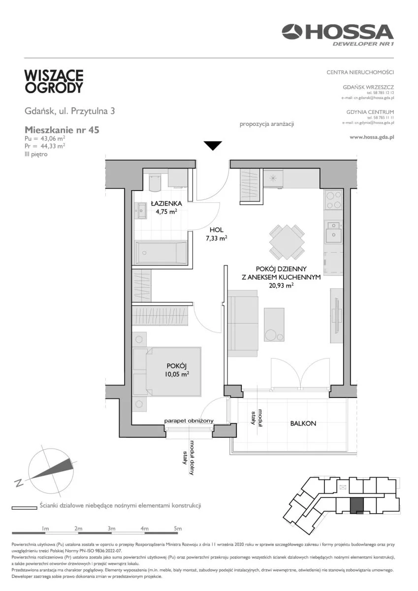 2 pokoje, mieszkanie 44,33 m², piętro 3, oferta nr WO/P3/45, Wiszące Ogrody, Gdańsk, Jasień, Kiełpinek, ul. Przytulna