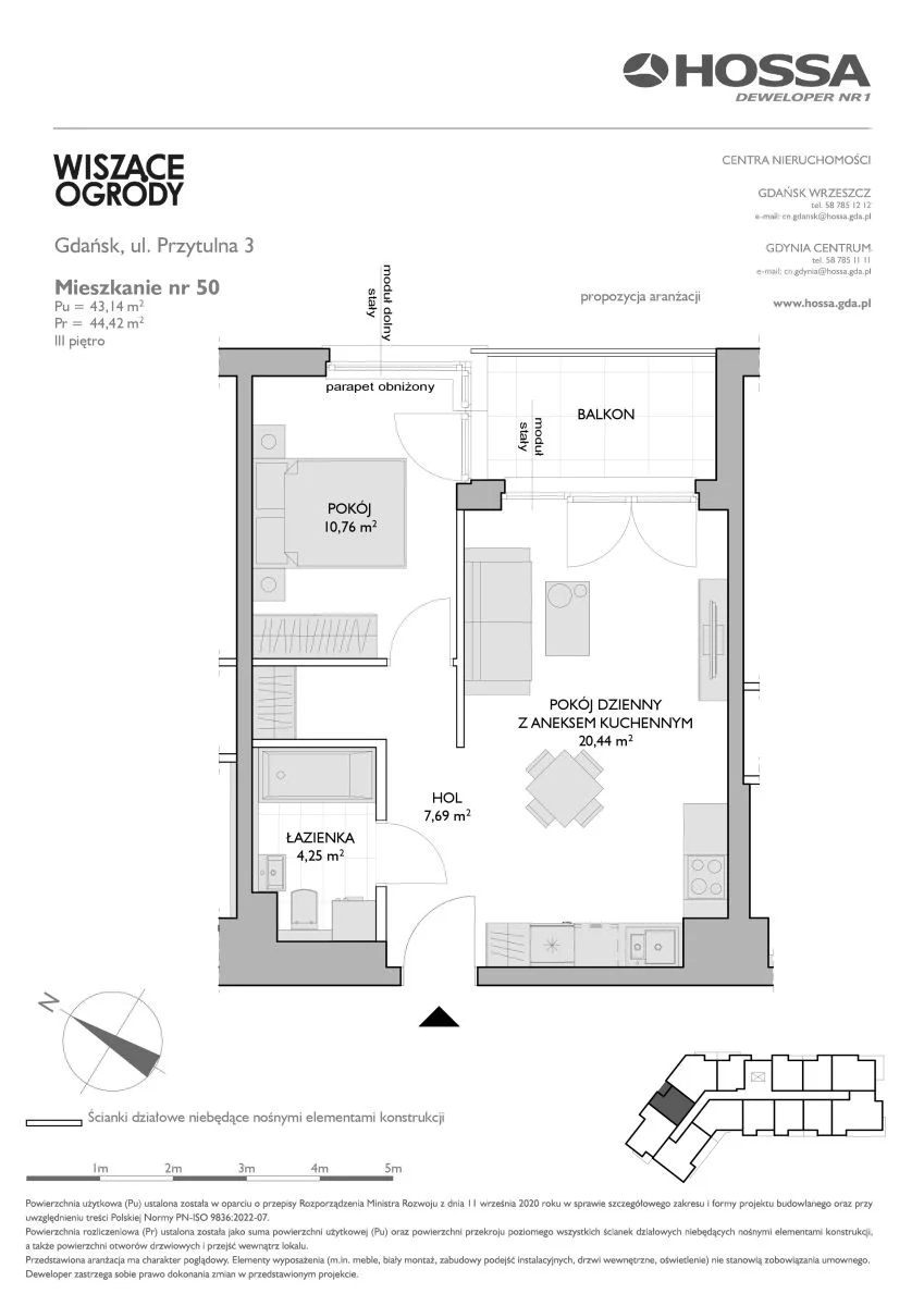 2 pokoje, mieszkanie 44,42 m², piętro 3, oferta nr WO/P3/50, Wiszące Ogrody, Gdańsk, Jasień, Kiełpinek, ul. Przytulna