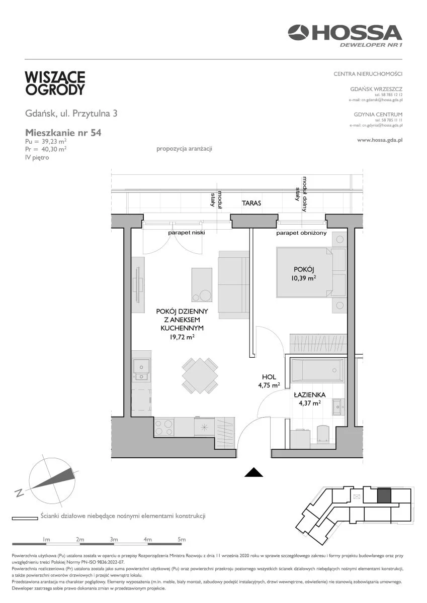 2 pokoje, mieszkanie 40,30 m², piętro 4, oferta nr WO/P3/54, Wiszące Ogrody, Gdańsk, Jasień, Kiełpinek, ul. Przytulna