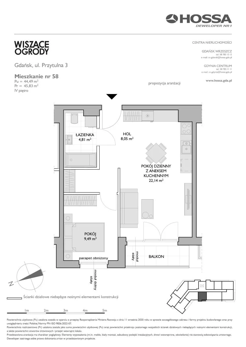 2 pokoje, mieszkanie 45,83 m², piętro 4, oferta nr WO/P3/58, Wiszące Ogrody, Gdańsk, Jasień, Kiełpinek, ul. Przytulna