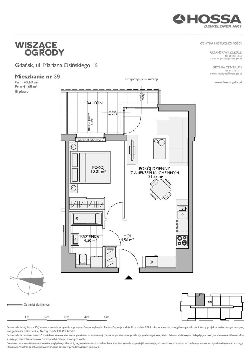 2 pokoje, mieszkanie 41,68 m², piętro 3, oferta nr WO/O16/39, Wiszące Ogrody, Gdańsk, Jasień, Kiełpinek, ul. Przytulna