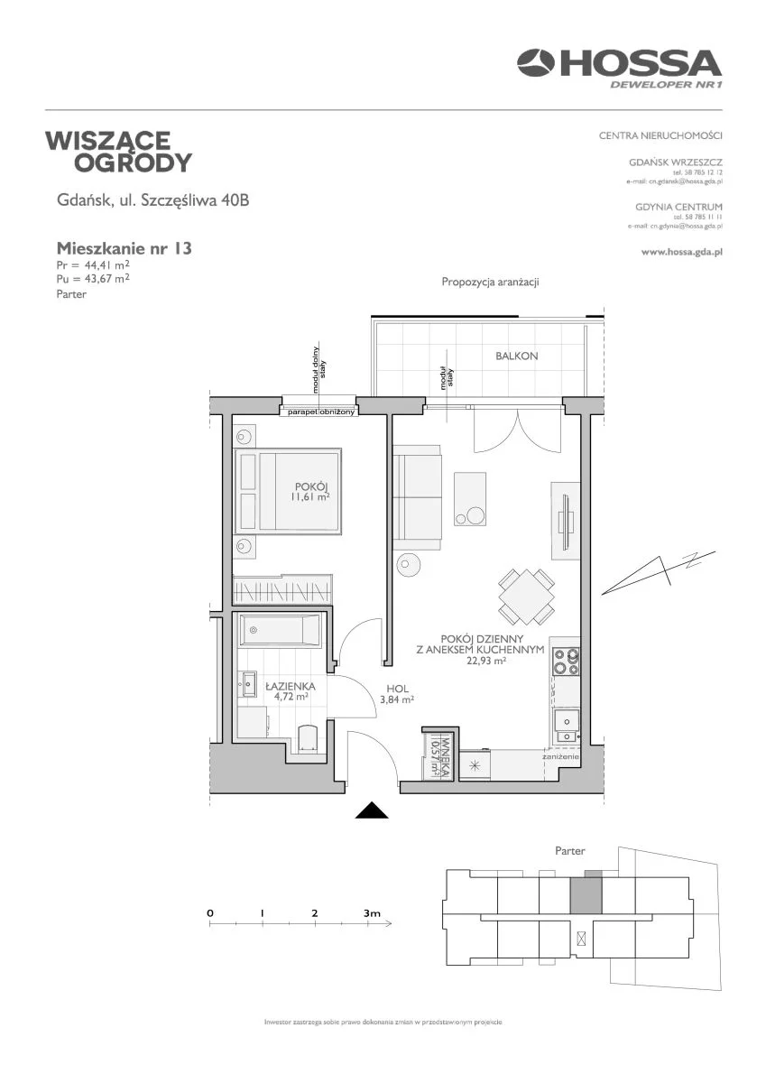 Mieszkanie 44,41 m², parter, oferta nr WO/B2/13, Wiszące Ogrody, Gdańsk, Jasień, Kiełpinek, ul. Przytulna