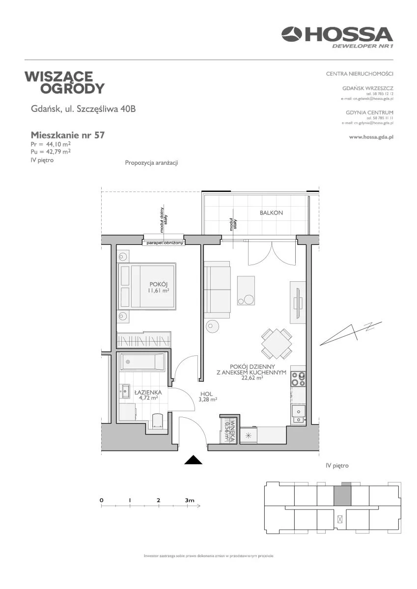 Mieszkanie 44,10 m², piętro 4, oferta nr WO/B2/57, Wiszące Ogrody, Gdańsk, Jasień, Kiełpinek, ul. Przytulna