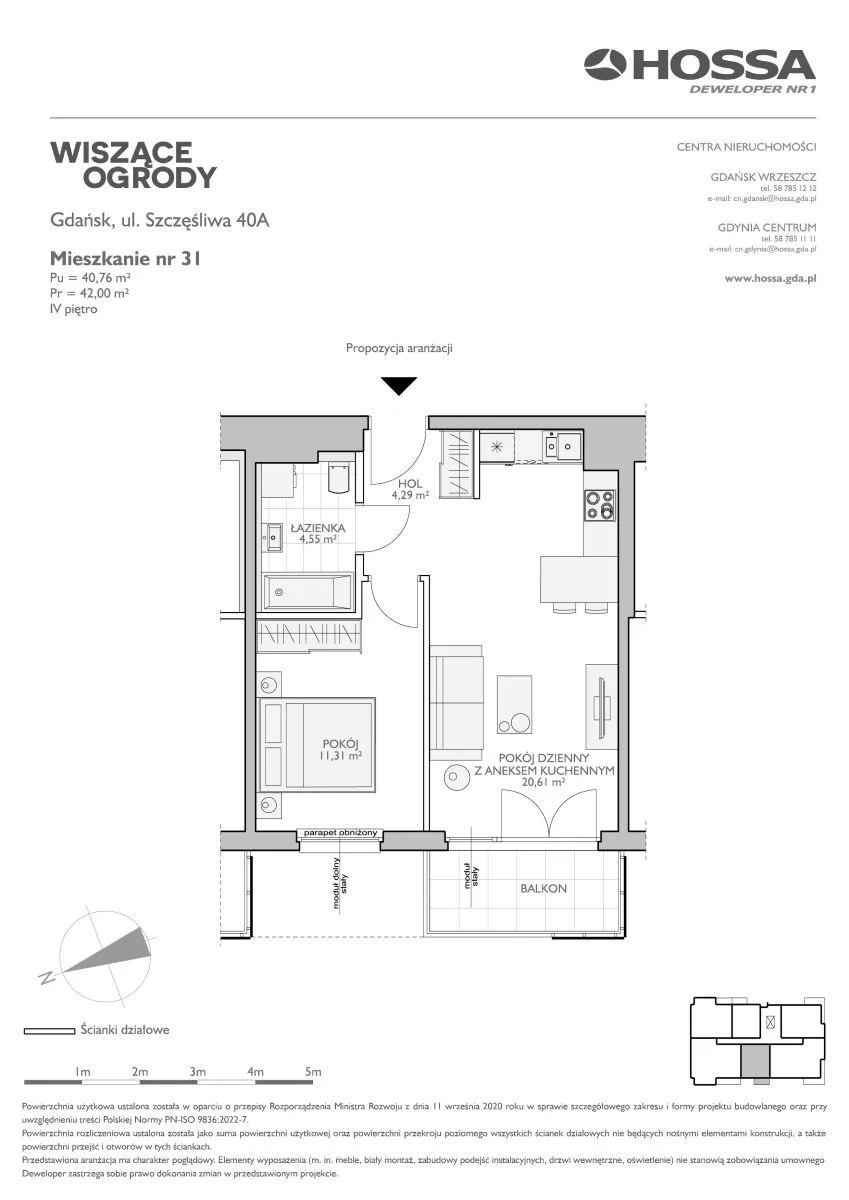 Mieszkanie 42,00 m², piętro 4, oferta nr WO/B3/31, Wiszące Ogrody, Gdańsk, Jasień, Kiełpinek, ul. Przytulna