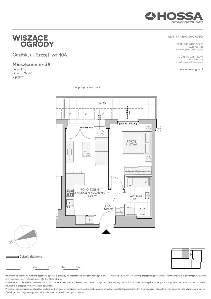 Mieszkanie 38,92 m², piętro 5, oferta nr WO/B3/39, Wiszące Ogrody, Gdańsk, Jasień, Kiełpinek, ul. Przytulna
