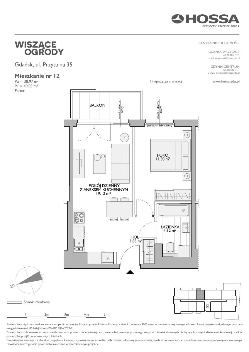 2 pokoje, mieszkanie 40,05 m², parter, oferta nr WO/P35//12, Wiszące Ogrody, Gdańsk, Jasień, Kiełpinek, ul. Przytulna