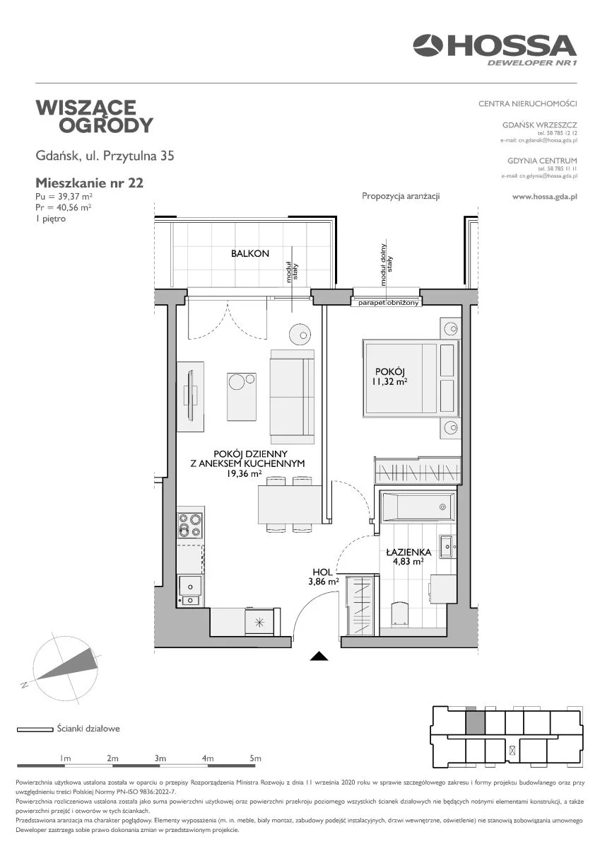 2 pokoje, mieszkanie 40,56 m², piętro 1, oferta nr WO/P35//22, Wiszące Ogrody, Gdańsk, Jasień, Kiełpinek, ul. Przytulna