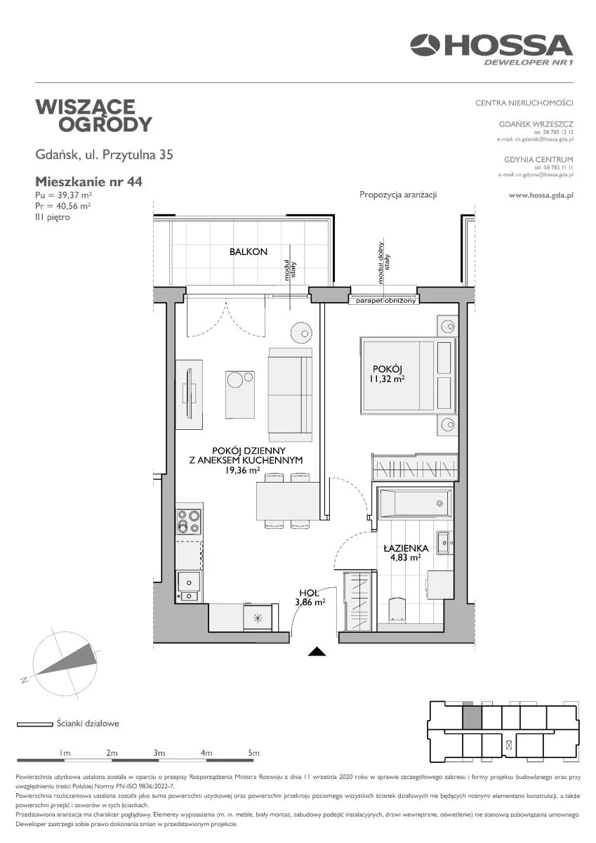 2 pokoje, mieszkanie 40,56 m², piętro 3, oferta nr WO/P35//44, Wiszące Ogrody, Gdańsk, Jasień, Kiełpinek, ul. Przytulna