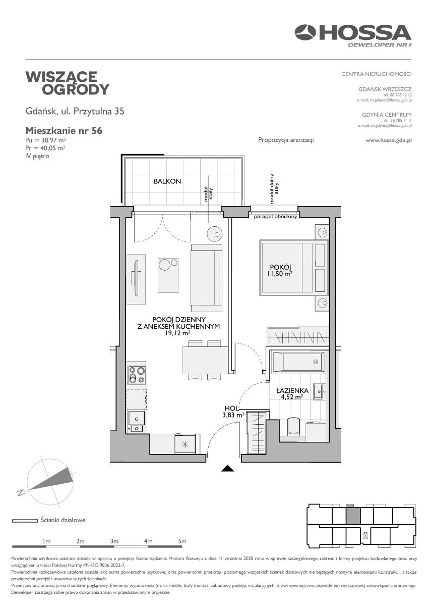 2 pokoje, mieszkanie 40,05 m², piętro 4, oferta nr WO/P35//56, Wiszące Ogrody, Gdańsk, Jasień, Kiełpinek, ul. Przytulna