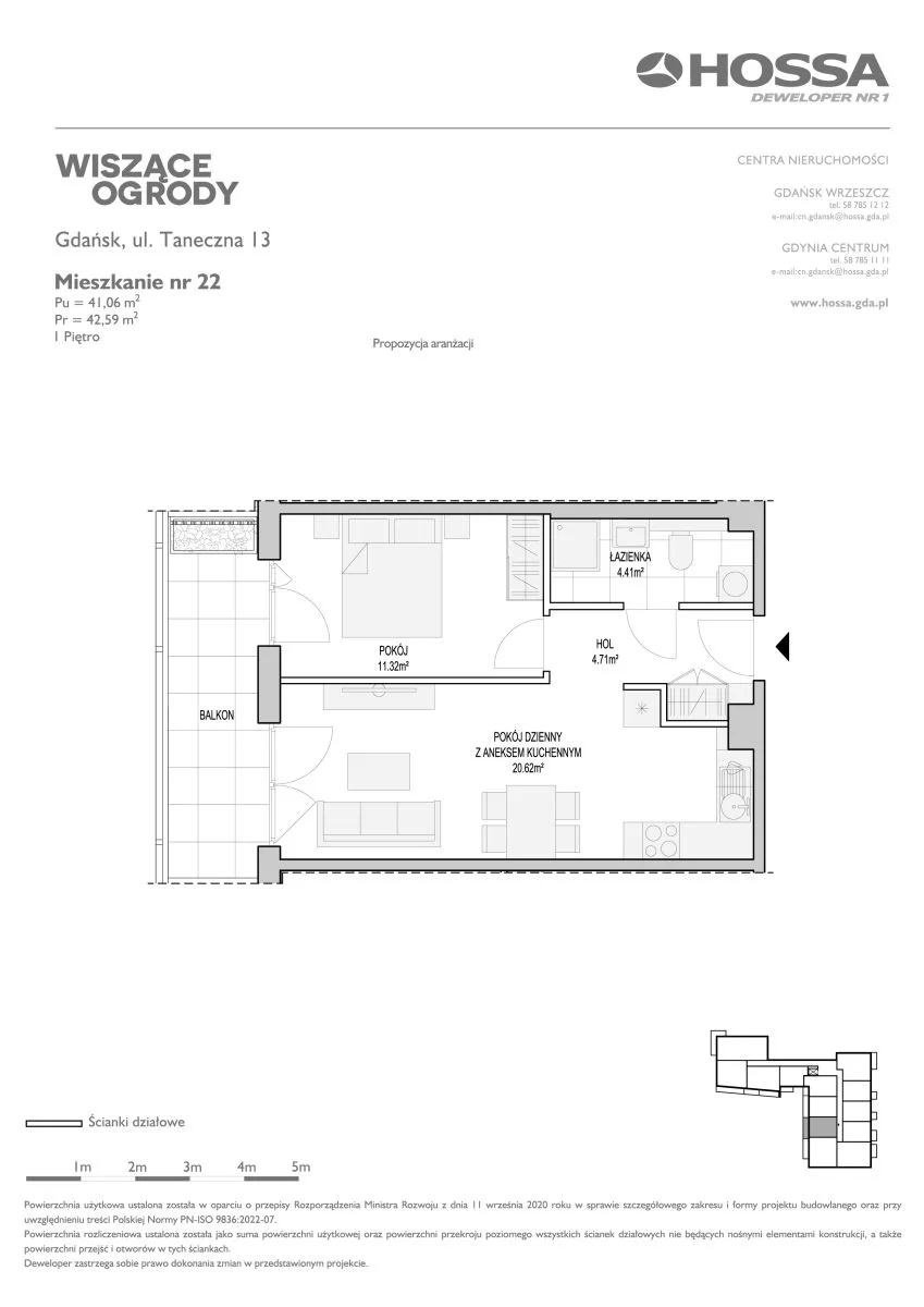 Mieszkanie 42,59 m², piętro 1, oferta nr WO/T/13/22, Wiszące Ogrody, Gdańsk, Jasień, Kiełpinek, ul. Przytulna