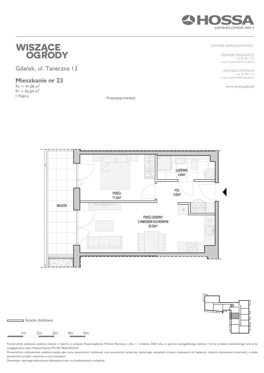 Mieszkanie 42,64 m², piętro 1, oferta nr WO/T/13/23, Wiszące Ogrody, Gdańsk, Jasień, Kiełpinek, ul. Przytulna