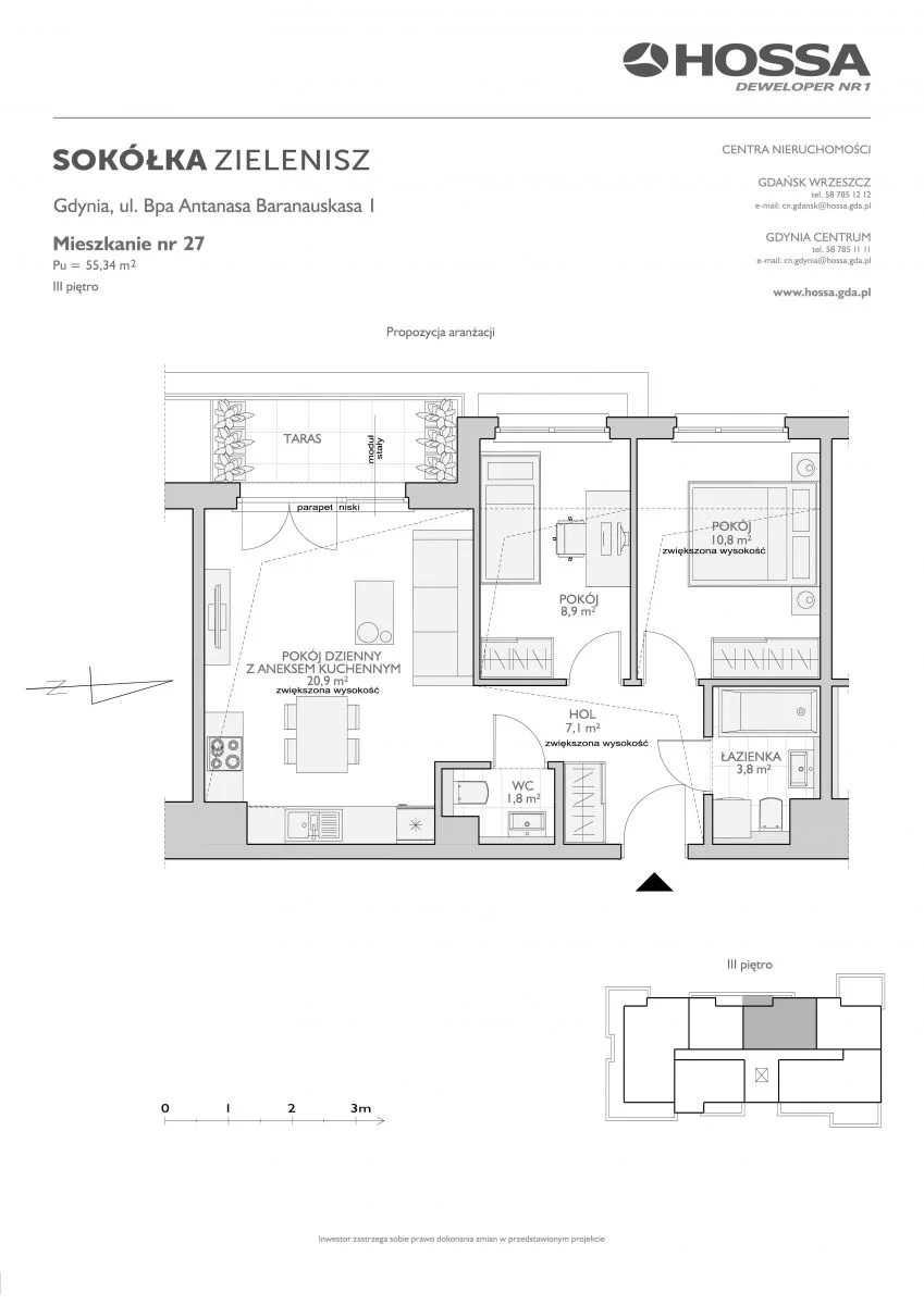 3 pokoje, mieszkanie 55,34 m², piętro 3, oferta nr SZ/B/1/27, Sokółka Zielenisz, Gdynia, Chwarzno-Wiczlino, ul. bpa Baranauskasa