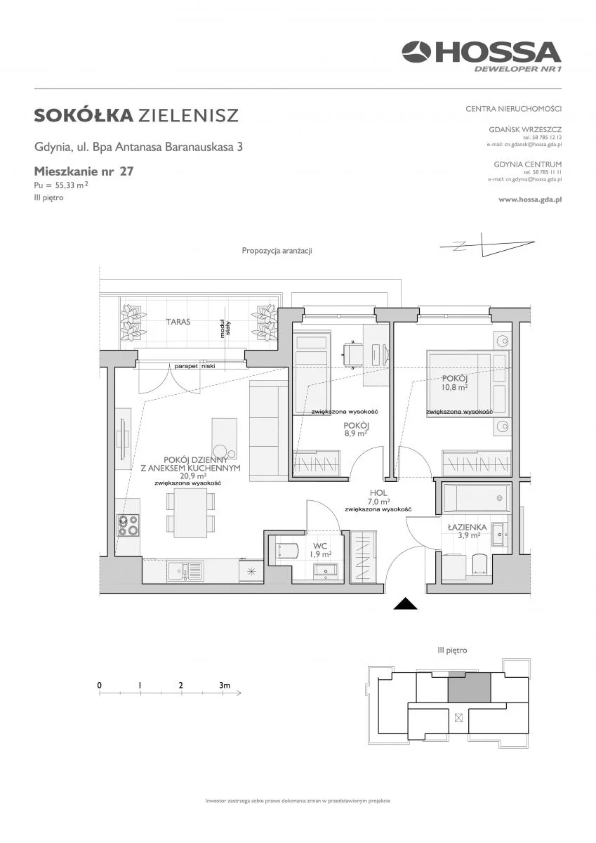 3 pokoje, mieszkanie 55,33 m², piętro 3, oferta nr SZ/B/3/27, Sokółka Zielenisz, Gdynia, Chwarzno-Wiczlino, ul. bpa Baranauskasa