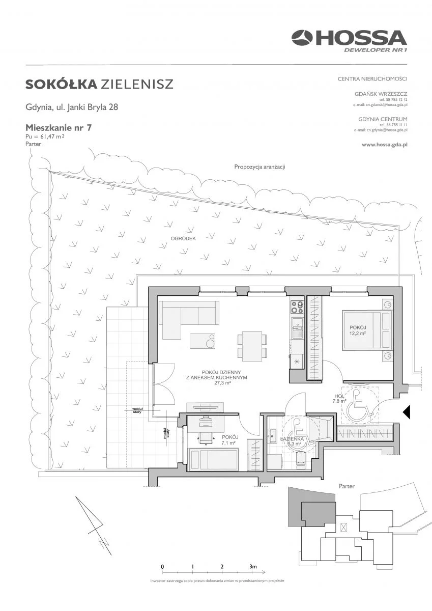 3 pokoje, mieszkanie 61,47 m², parter, oferta nr SZ/JB/28/7, Sokółka Zielenisz, Gdynia, Chwarzno-Wiczlino, ul. bpa Baranauskasa