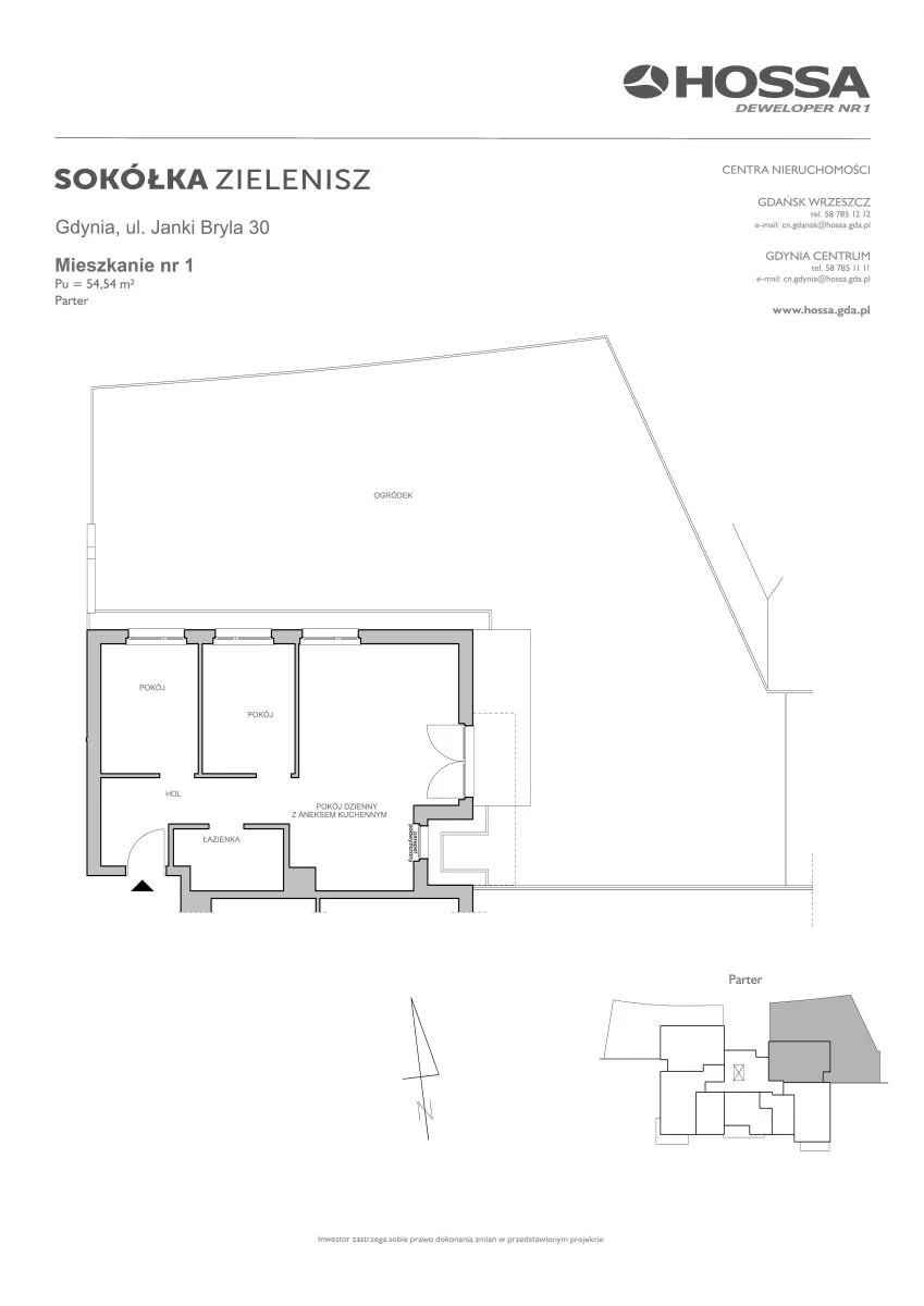 3 pokoje, mieszkanie 54,54 m², parter, oferta nr SZ/JB/30/1, Sokółka Zielenisz, Gdynia, Chwarzno-Wiczlino, ul. bpa Baranauskasa