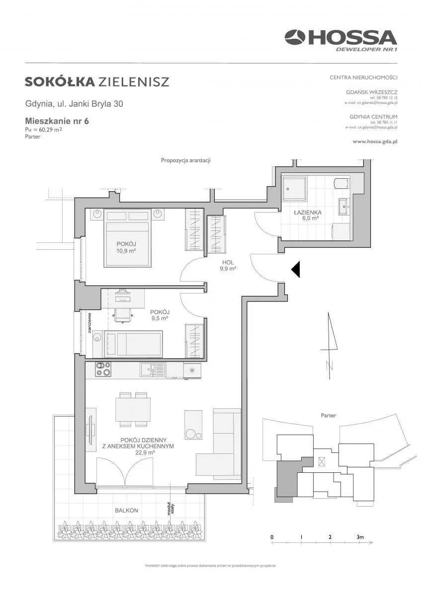 Mieszkanie 60,29 m², parter, oferta nr SZ/JB/30/6, Sokółka Zielenisz, Gdynia, Chwarzno-Wiczlino, ul. bpa Baranauskasa