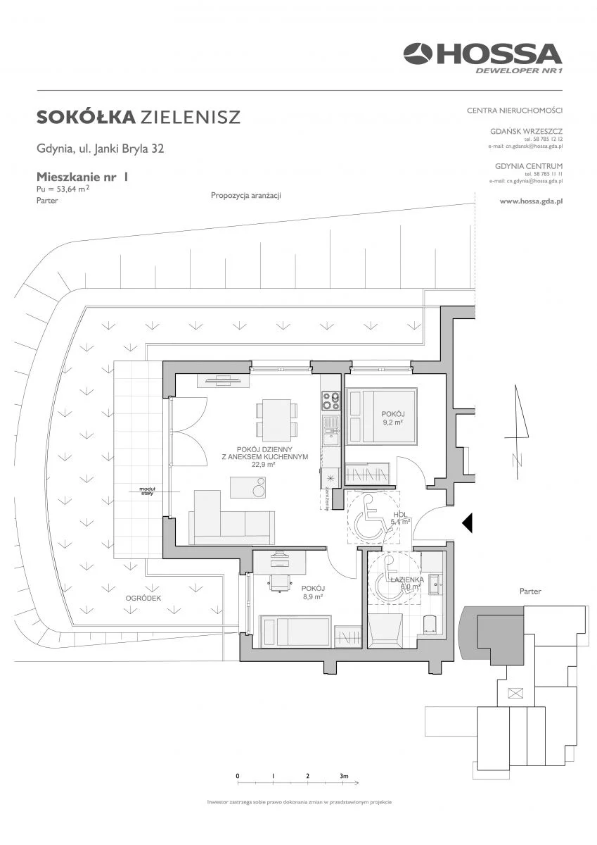 Mieszkanie 53,64 m², parter, oferta nr SZ/JB/32/1, Sokółka Zielenisz, Gdynia, Chwarzno-Wiczlino, ul. bpa Baranauskasa