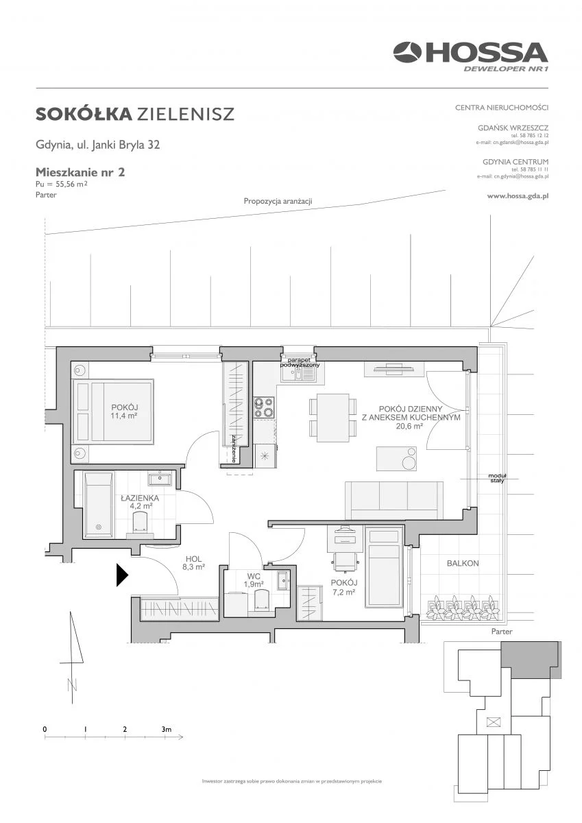 Mieszkanie 55,56 m², parter, oferta nr SZ/JB/32/2, Sokółka Zielenisz, Gdynia, Chwarzno-Wiczlino, ul. bpa Baranauskasa