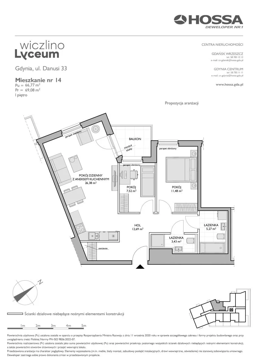 3 pokoje, mieszkanie 69,08 m², piętro 1, oferta nr WL/D33/14, Wiczlino Lyceum, Gdynia, Chwarzno-Wiczlino, Wiczlino, ul. Danusi 31