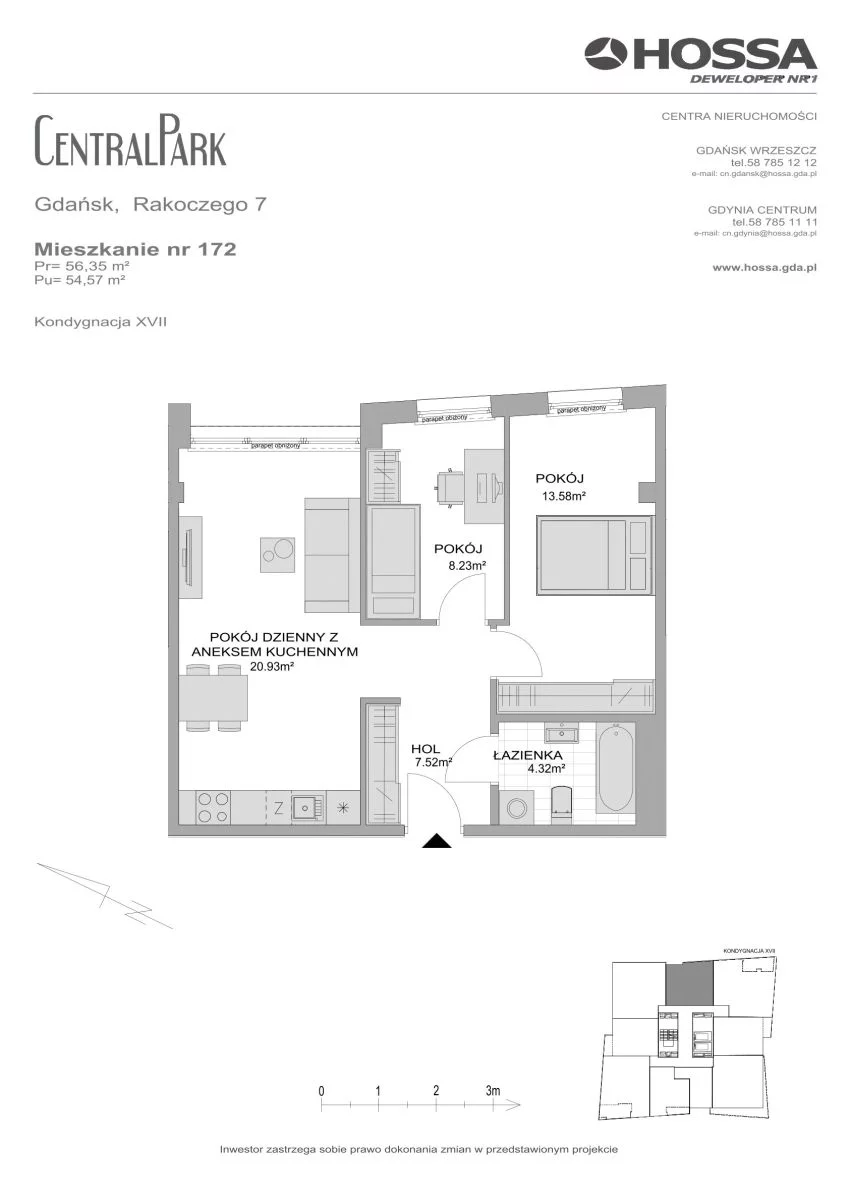 3 pokoje, mieszkanie 56,35 m², piętro 17, oferta nr CP/R7/172, Centralpark, Gdańsk, Piecki-Migowo, Morena, ul. Franciszka Rakoczego