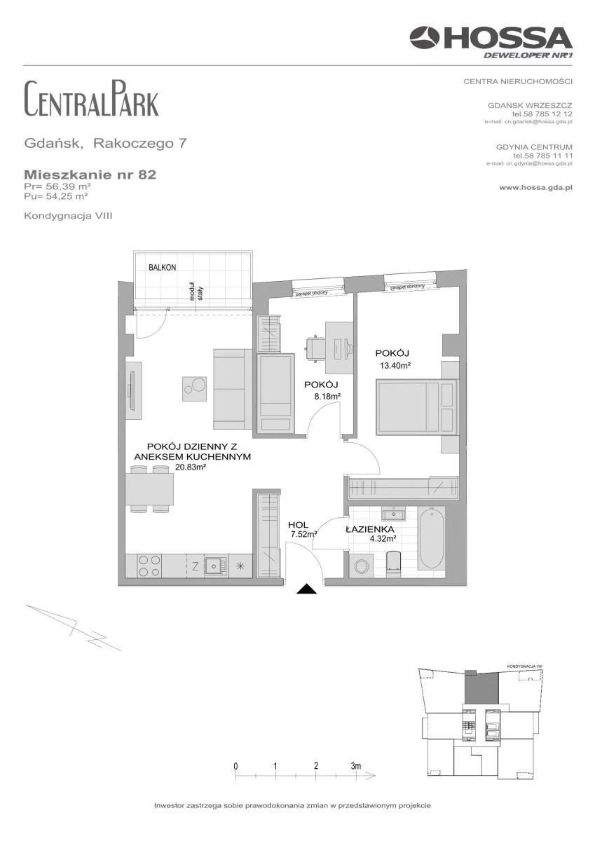 3 pokoje, mieszkanie 56,39 m², piętro 8, oferta nr CP/R7/82, Centralpark, Gdańsk, Piecki-Migowo, Morena, ul. Franciszka Rakoczego